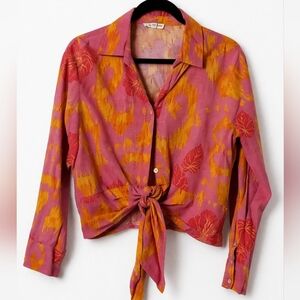Christian Siriano Pink and Mustard Tie-Front Button-Down Shirt